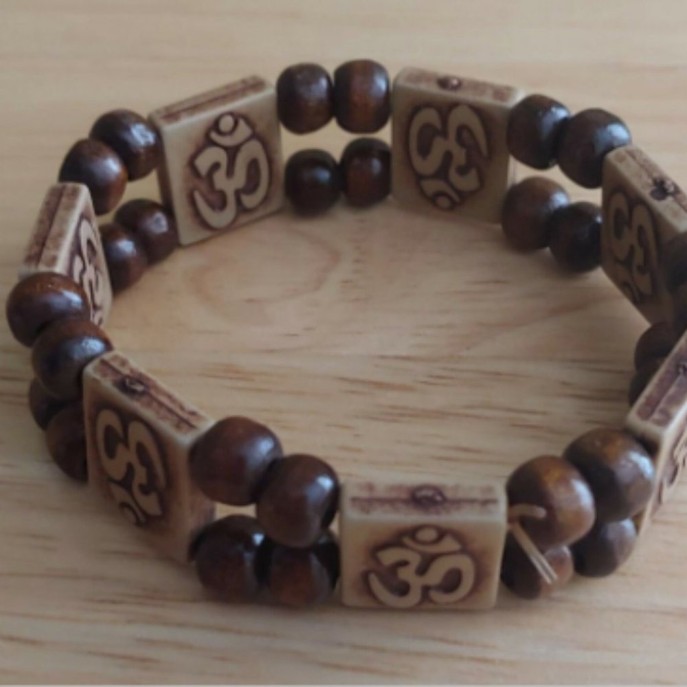 Brown and Tan Wooden Ohm Yoga Elastic Bracelet